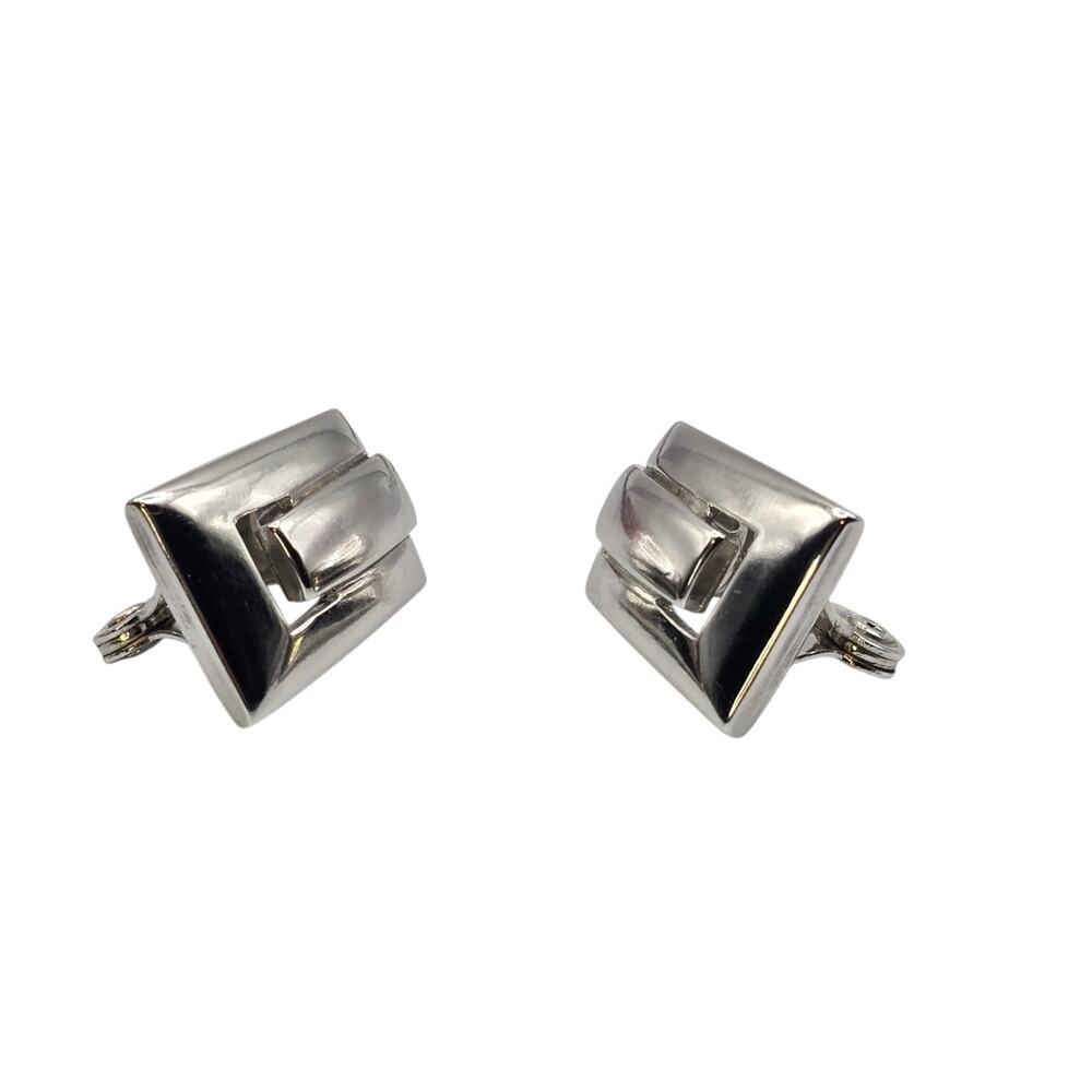 Earrings Monet Geometric Mid Century Modern Design Clip On Silver Tone SKU 3110 - Picture 3 of 8